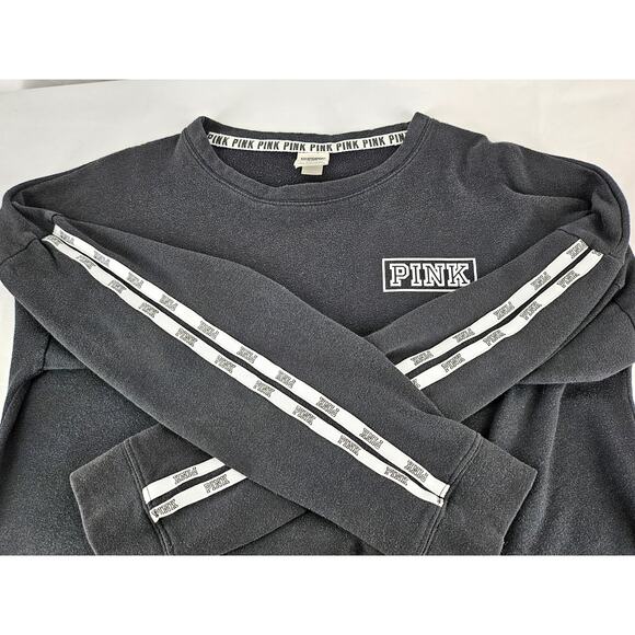VS PINK VICTORIA'S SECRET BLACK PULLOVER SWEATSHIRT STRIPED SLEEVES SIZE MEDIUM - Picture 5 of 10